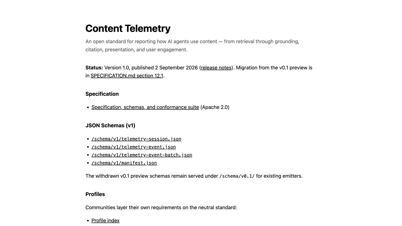 Content Telemetry标准官网列出的v1.0版本、2026年9月2日发布日期与开源模式文件入口