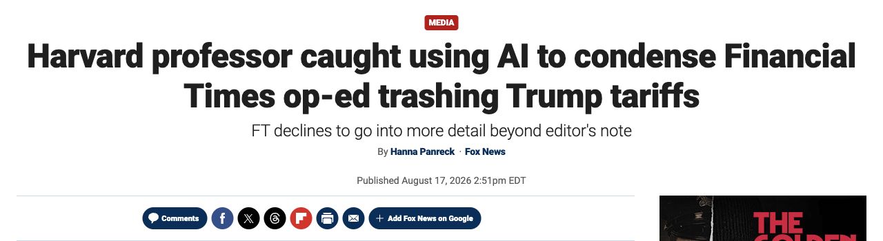 Fox News于2026年8月17日报道金融时报专栏AI使用争议；这是媒体报道页面，不是金融时报原始编辑说明的截图