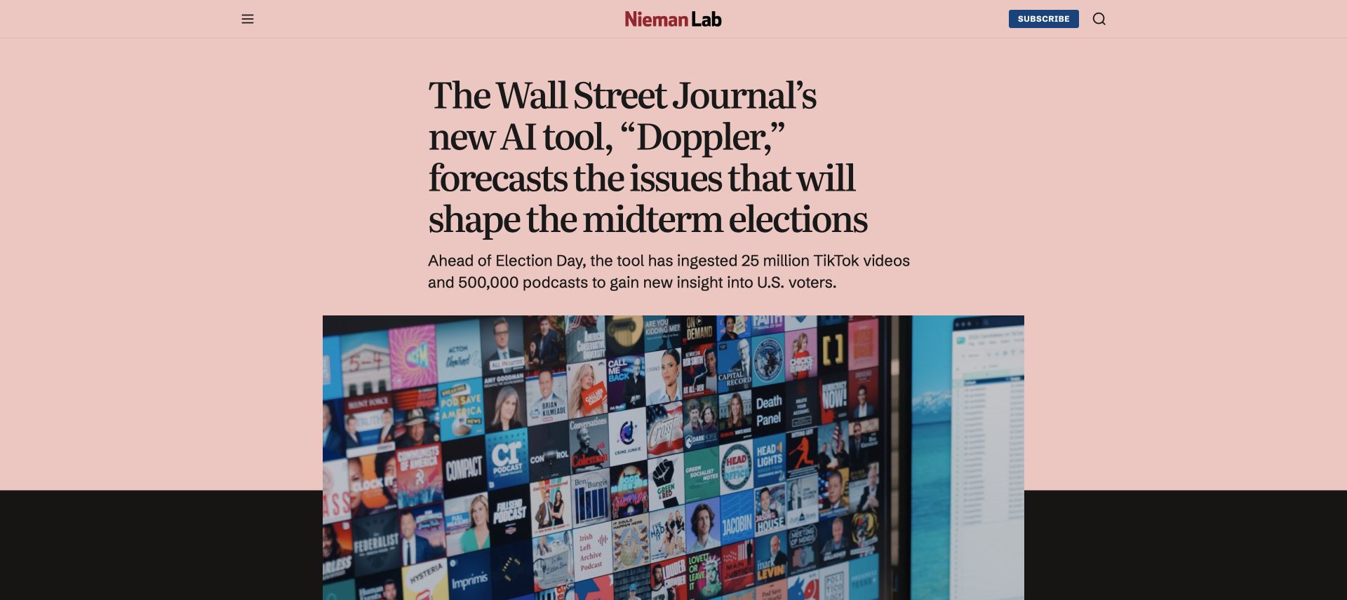Nieman Lab介绍Doppler的数据规模与采编用途，页面图片由《华尔街日报》提供。来源：Nieman Lab，2026年10月22日原页截屏。