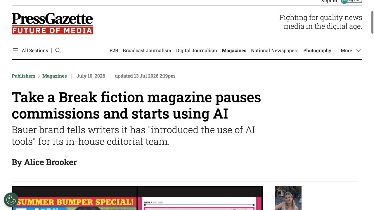Press Gazette关于Take a Break Fiction Feast暂停约稿与使用AI工具的报道页面