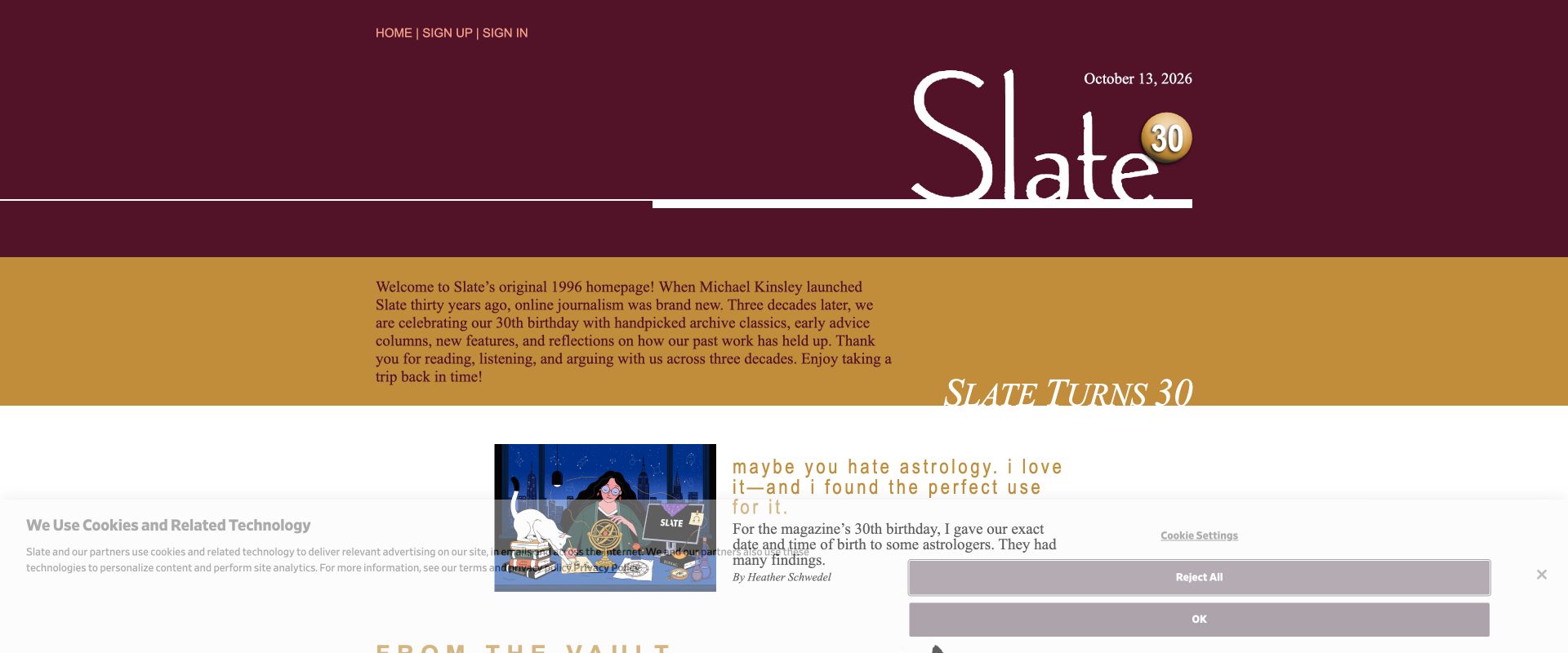 Slate30周年页面复原1996年首页风格，展示档案作品与栏目。来源：Slate，2026年10月14日截屏。