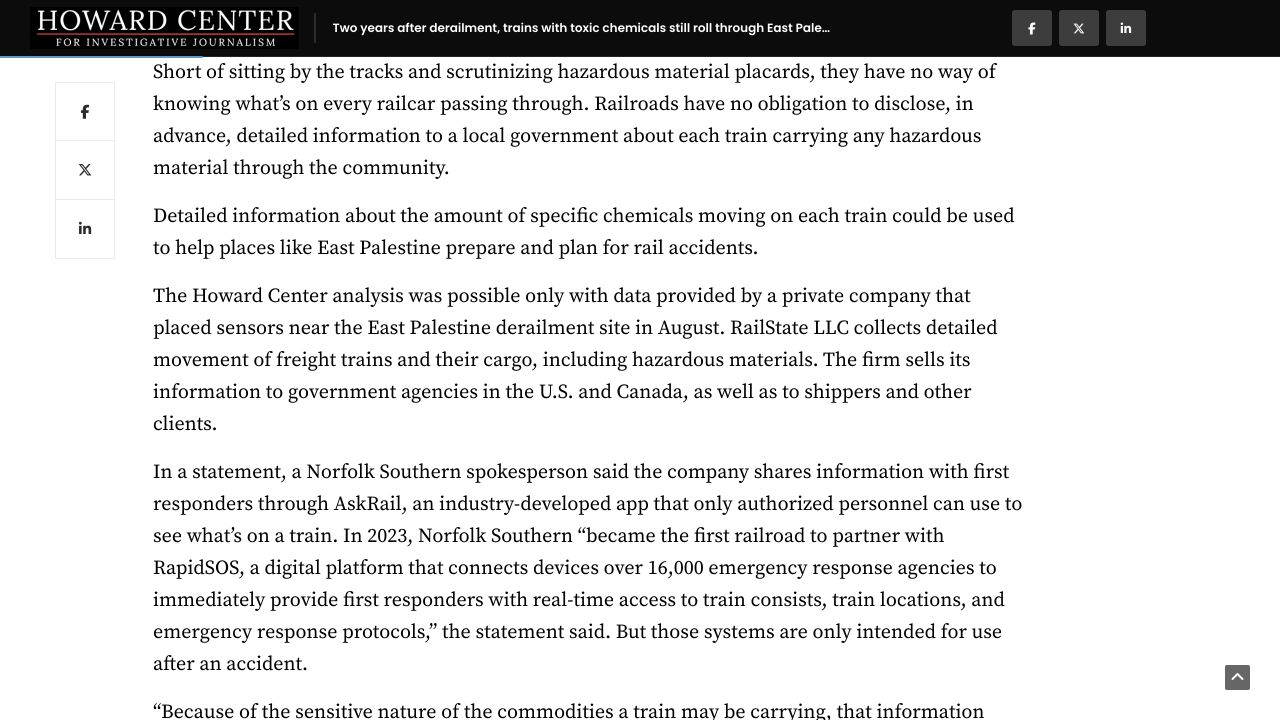 Off the Rails原报道说明，记者使用RailState传感器数据核对危险物质列车运行，并刊出铁路公司的回应