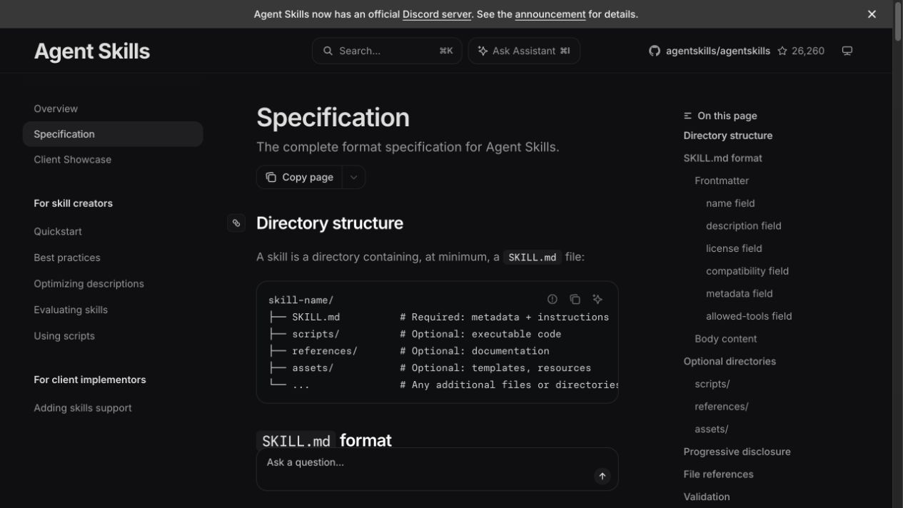 Agent Skills格式规范的目录结构：SKILL.md为必需文件，scripts、references和assets为可选目录。来源：Agent Skills，2026年10月19日原页面截屏。