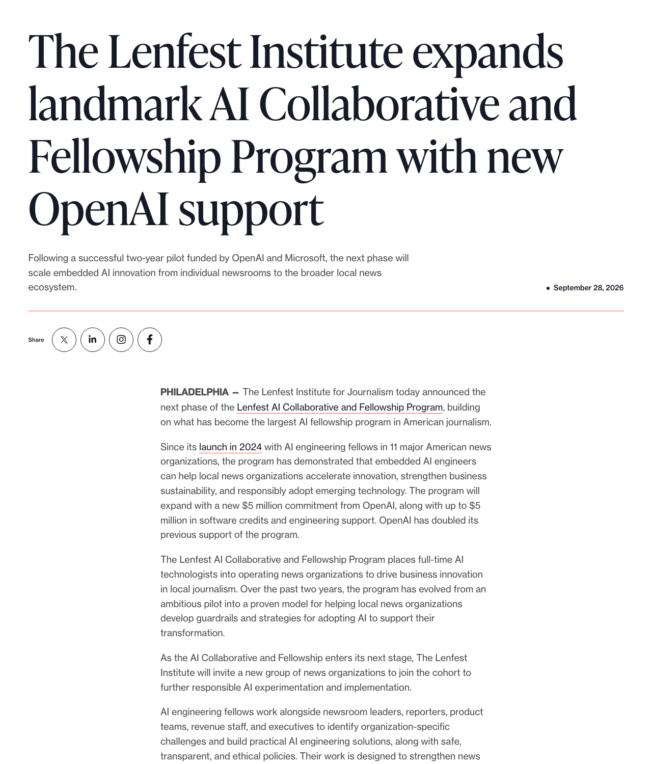 Lenfest 研究所与 OpenAI 驻场项目公告页首屏。