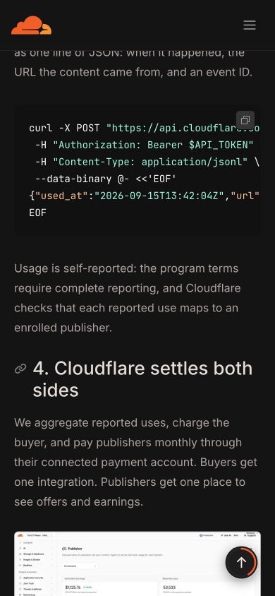 Cloudflare原页说明,使用量由买方自报,条款要求完整报告;公司检查报告对应的出版方,再据报告按月结算。上方代码是官方示例,占位符不是实际账号。来源:Cloudflare,2026年10月21日原页截屏;版权归原权利人。