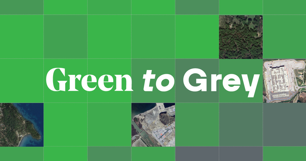 《Green to Grey》原作视觉，以卫星图块呈现土地由绿色转为灰色。
