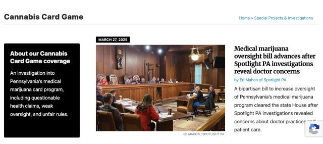 Spotlight PA《Cannabis Card Game》专题页截图，画面包含专题标题、说明和首条报道入口。