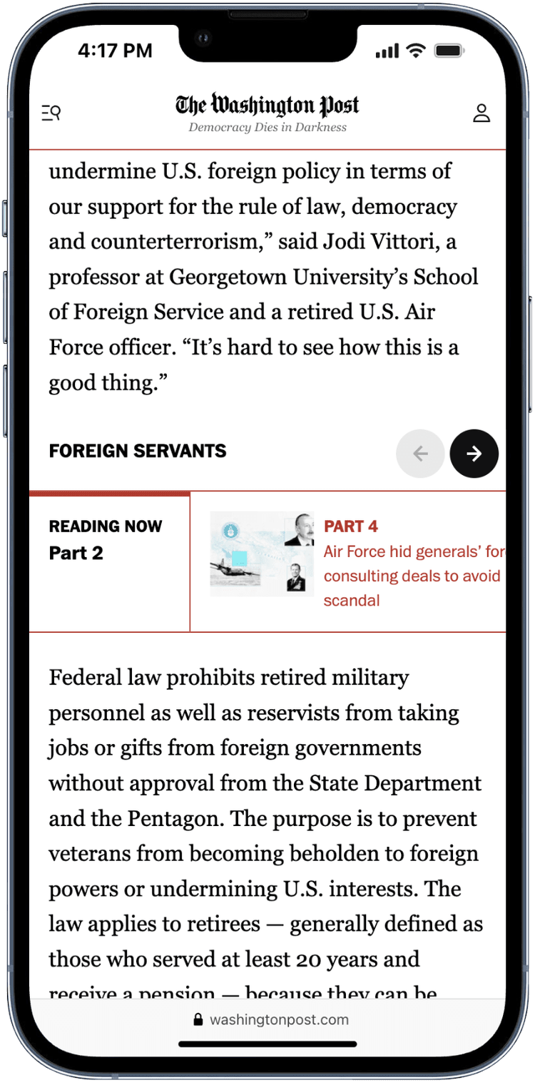 《Foreign Servants》移动端原作页面中的系列导航，显示当前分篇和其他报道入口。