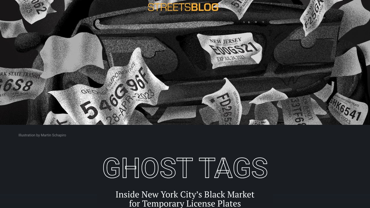 Streetsblog Projects《Ghost Tags》原作首页截图，画面包含临时车牌插画、项目标题和制作署名。