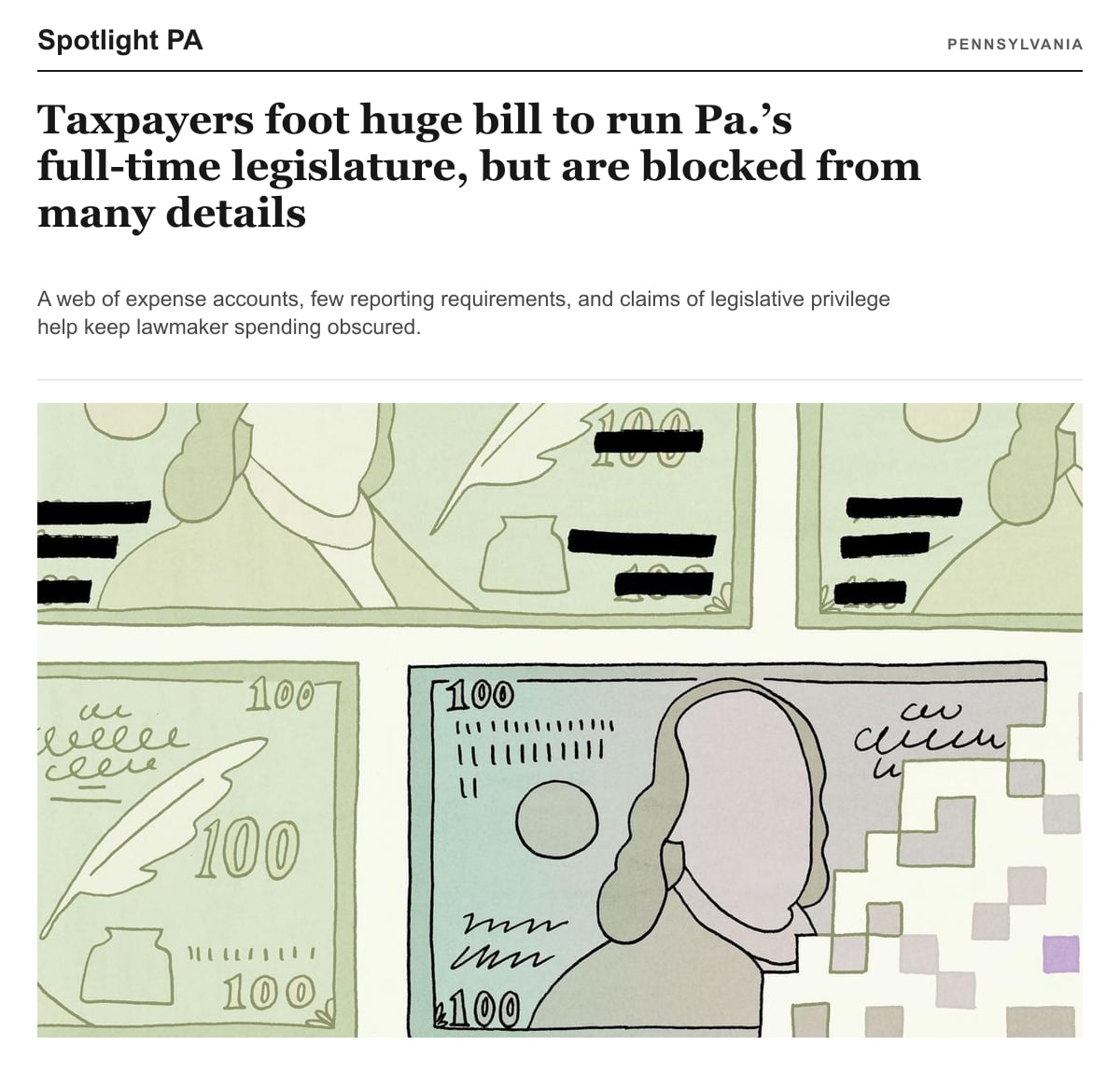 Spotlight PA 原作页面画面，包含报道标题、导语和必要原图。