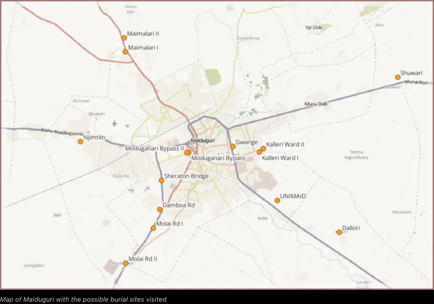 原作中标注走访地点的迈杜古里地图，原图说明为「Map of Maiduguri with the possible burial sites visited」。图上标记的是 2023 年 5 月团队走访过的地点。